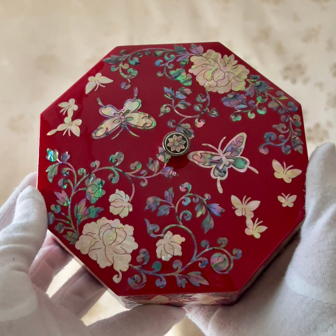 Mother of Pearl Octagon Red Jewelry Box with Peony and Butterfly Pattern