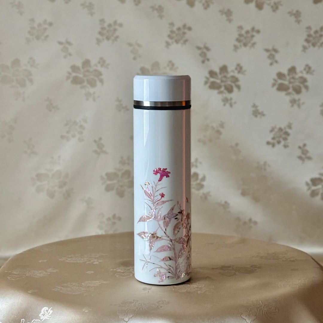 Mother of Pearl White Stainless Thermal Bottle with Pattern of Celosia Cristata and Frog