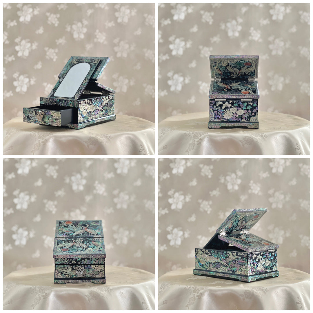 Mother of Pearl Small Size Jewelry Box with Mirror Stand and Pattern of Longevity Symbols