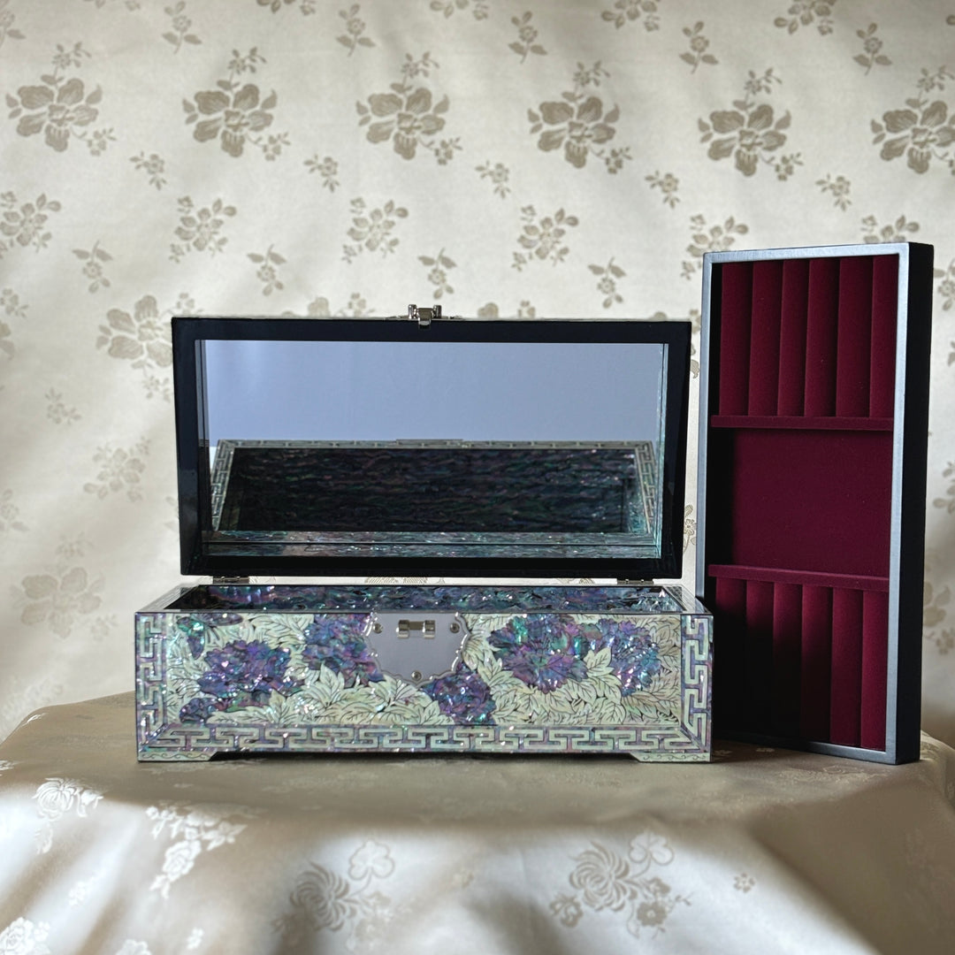 Mother of Pearl Handmade Wooden Jewelry Box with Butterfly and Peony Pattern