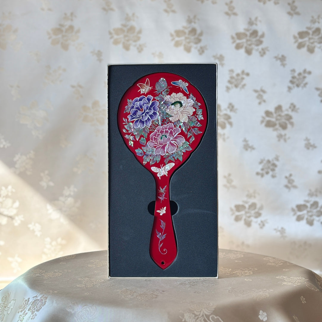 Red Mother of Pearl Hand Mirror with Butterfly and Flower Motif