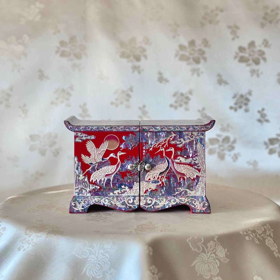 Mother of Pearl Red Jewelry Box with Pine and Crane Design