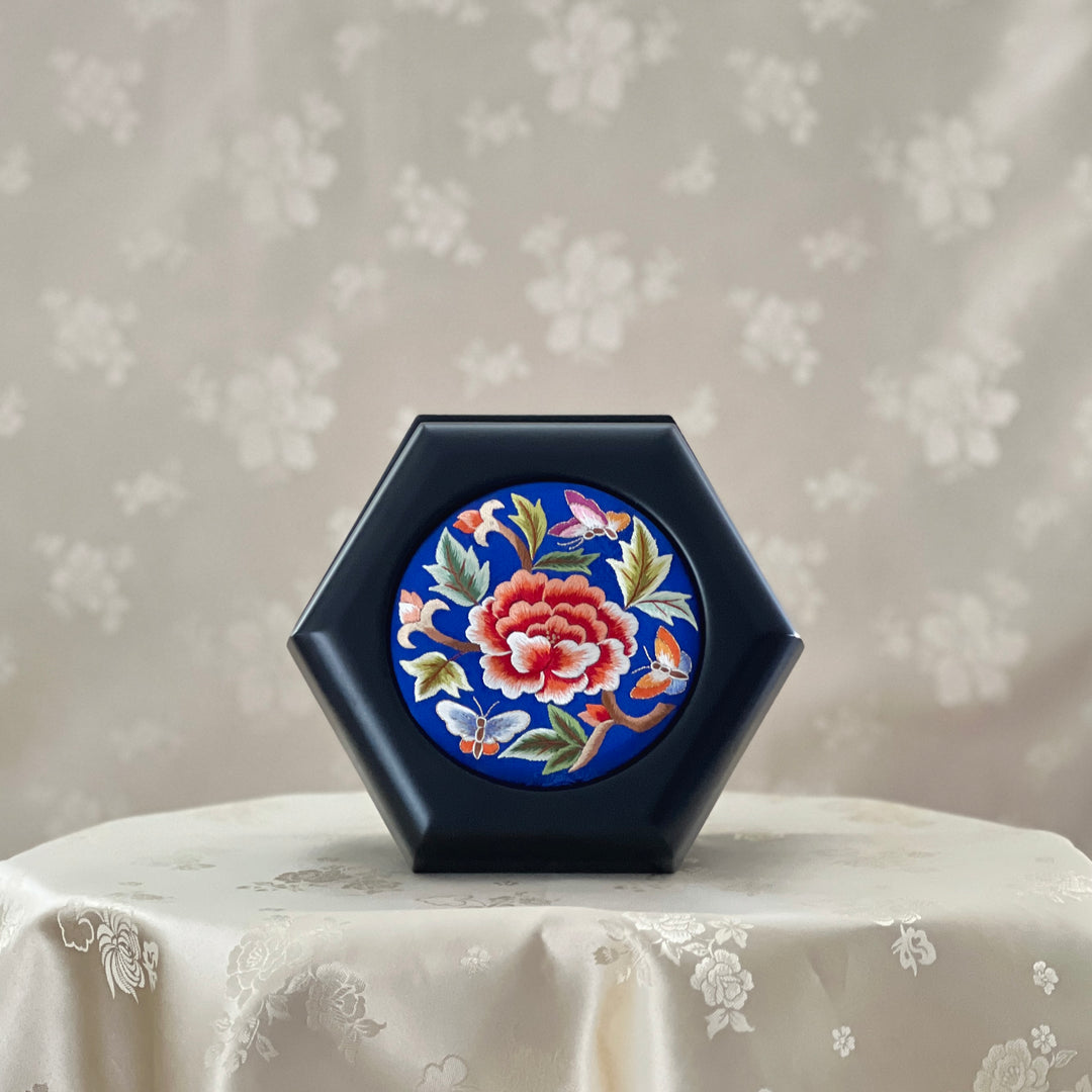 Navy Silk Embroidered Peony and Butterfly Hexagonal Storage Box