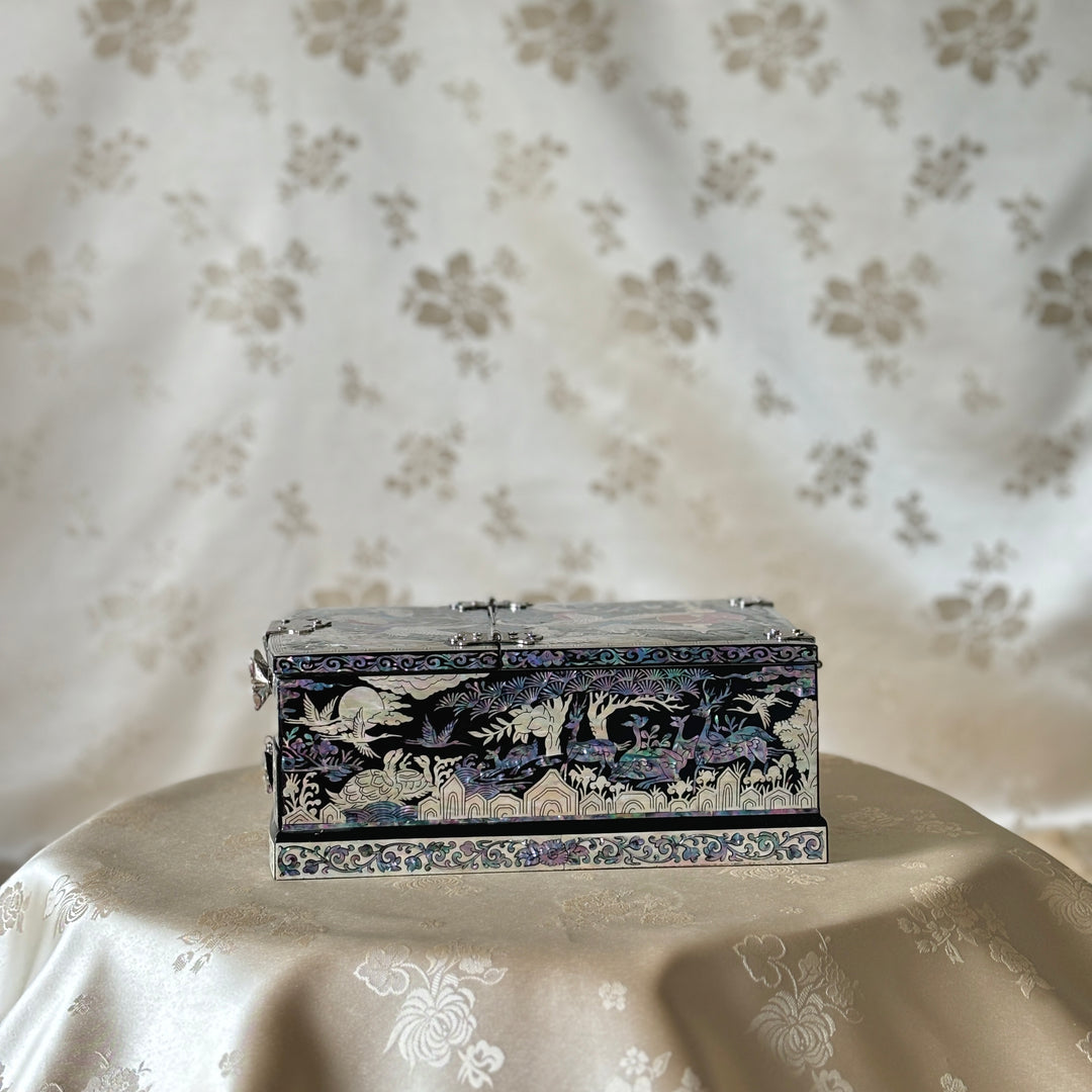 Mother of Pearl Middle Size Jewelry Box with Mirror Stand and Pattern of Longevity of Symbols