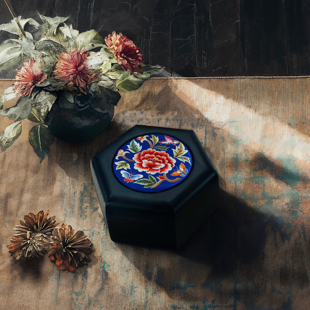 Navy Silk Embroidered Peony and Butterfly Hexagonal Storage Box