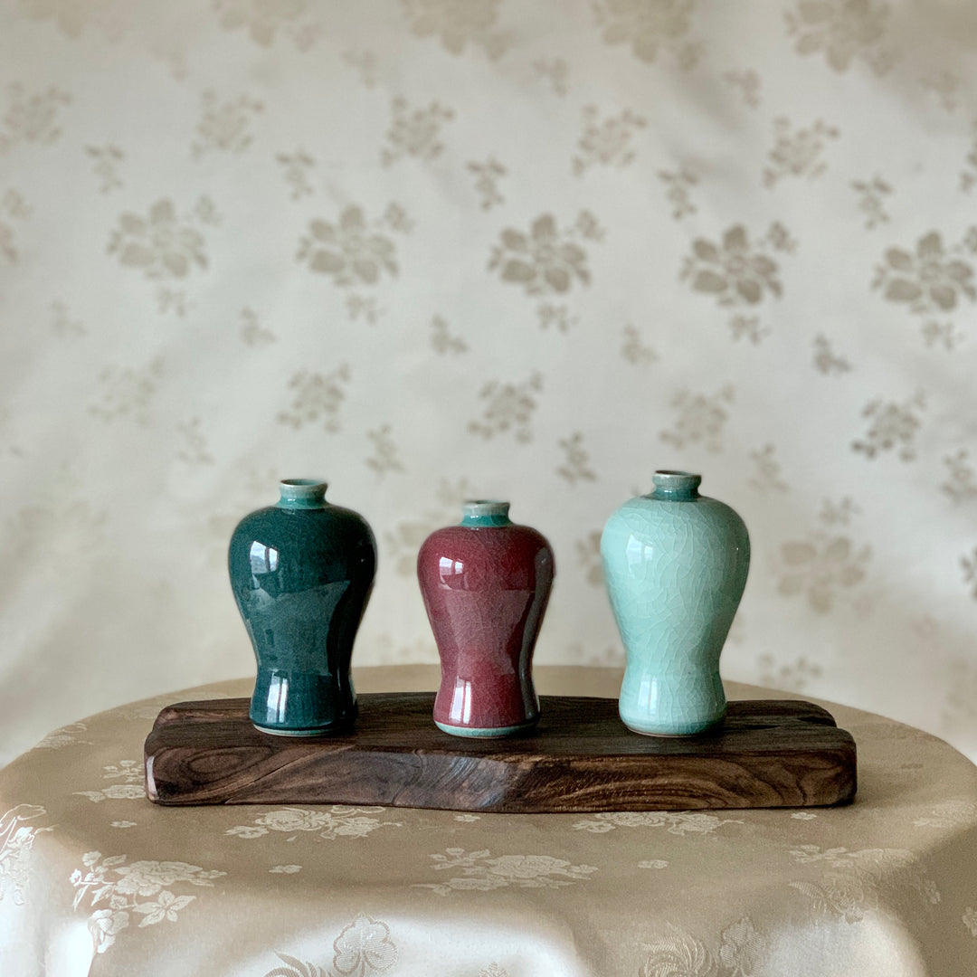 Celadon Set of Three Miniature Vases with Plum Blossom Pattern