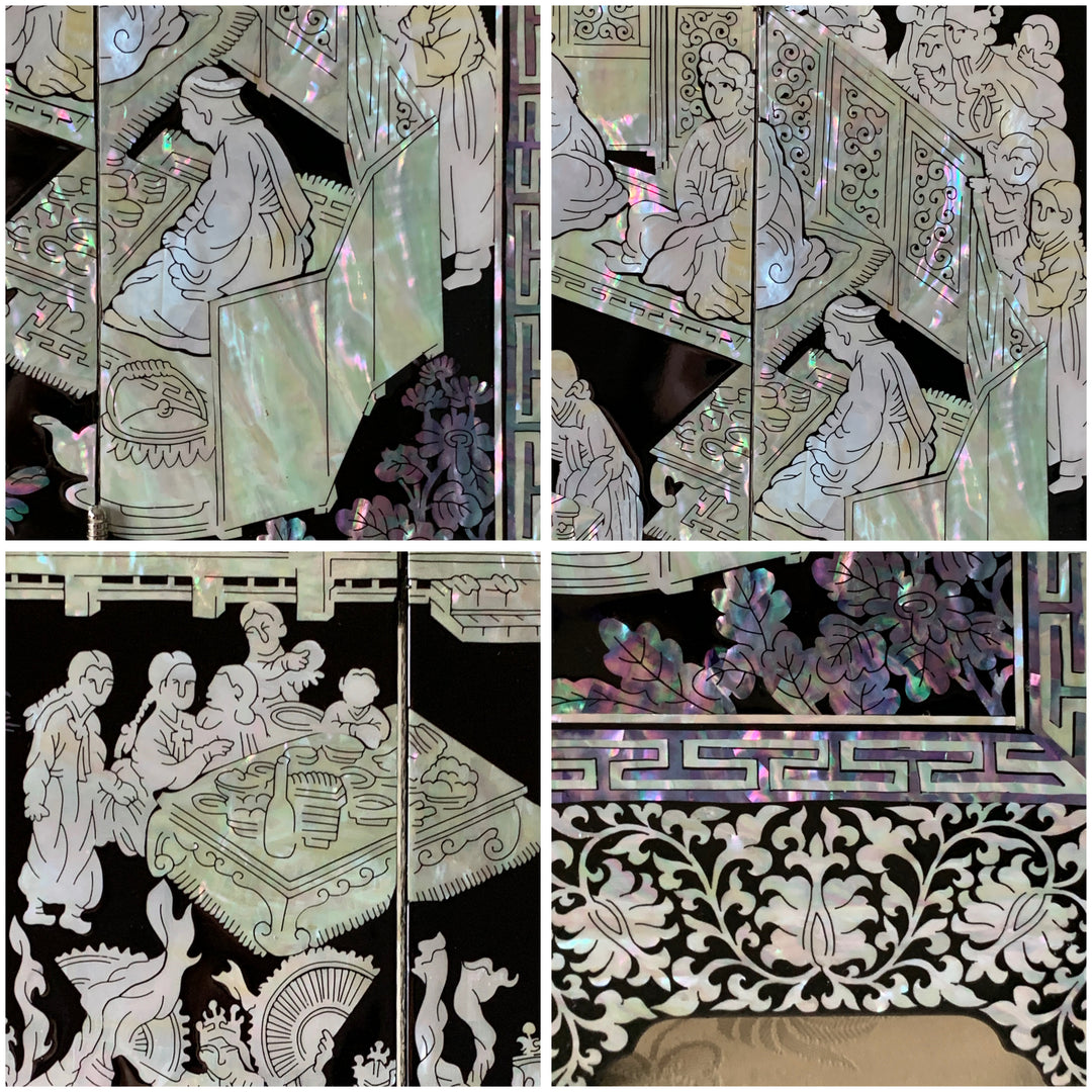 Mother of Pearl Wooden Folding Screen with Part of Marriage Scene Pattern