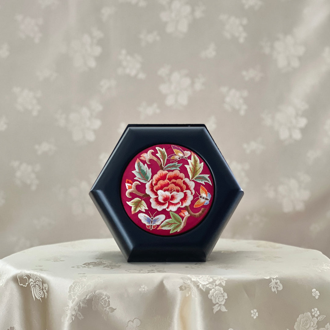 Red Silk Embroidered Peony and Butterfly Hexagonal Storage Box