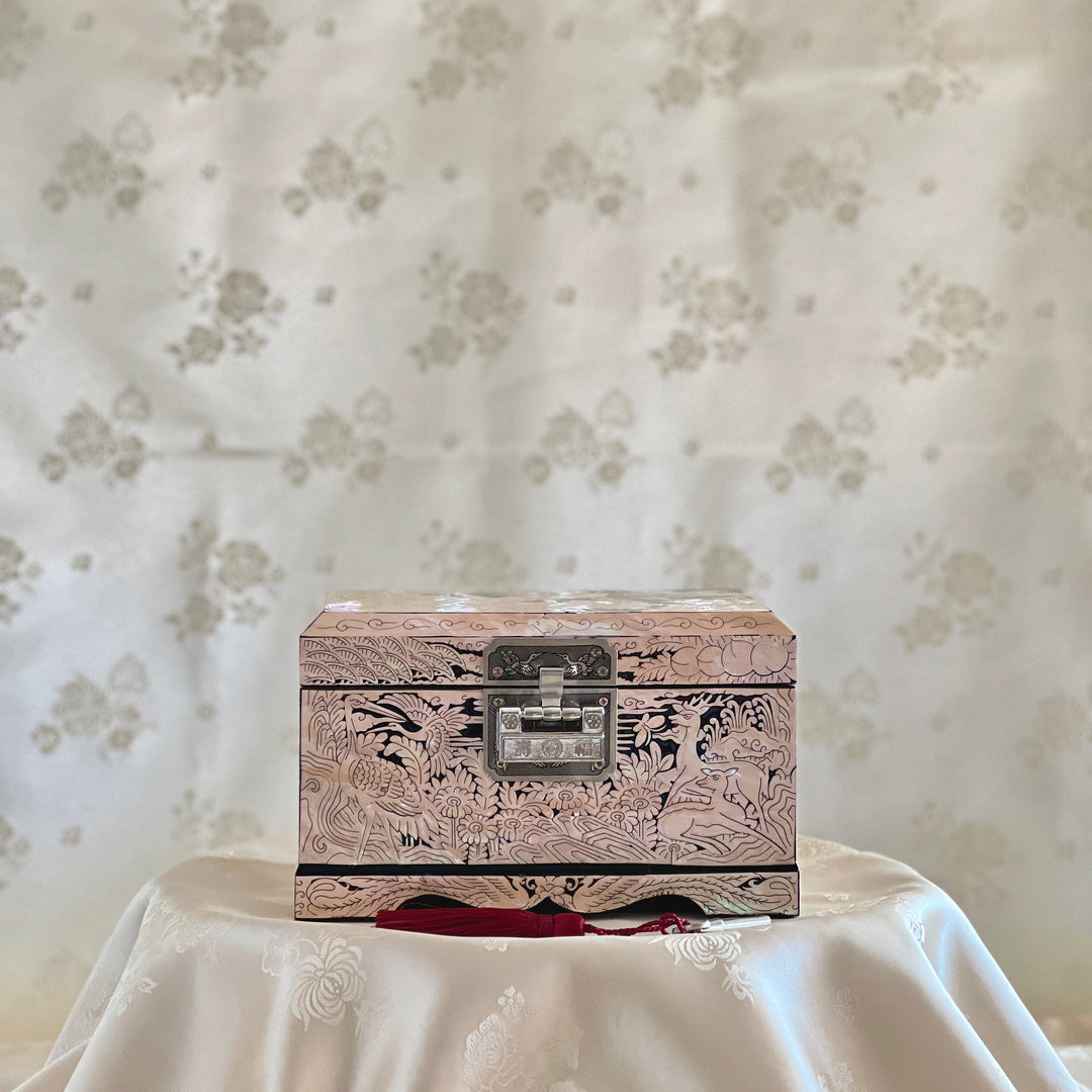 Mother of Pearl Pink-beige Jewelry Box with Longevity Symbols Pattern