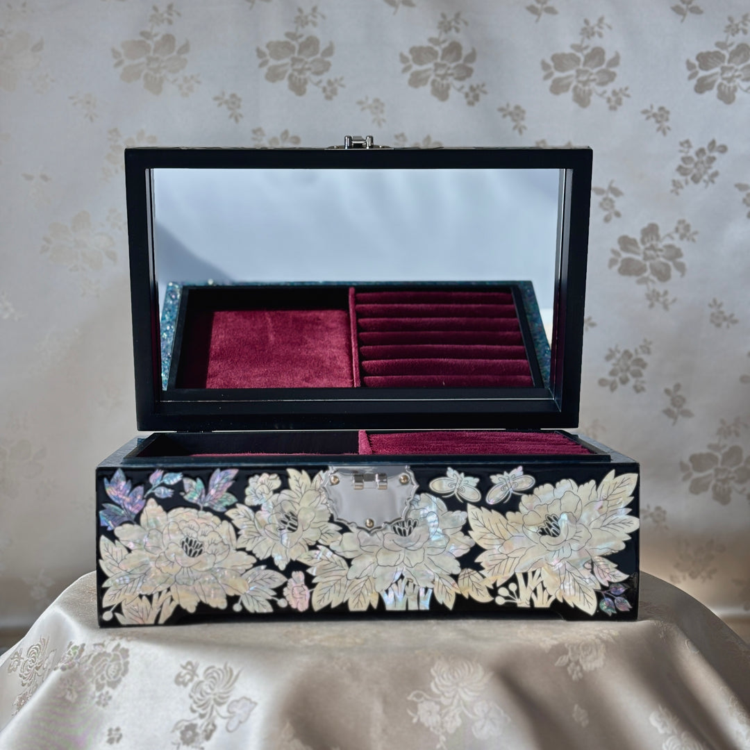 Mother of Pearl Jewelry Box with Peacock and Peony Motif