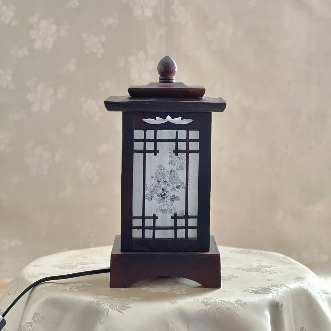 Front view of a handmade Korean traditional wooden table lamp with a square pagoda-shaped roof and Sagunja patterns.