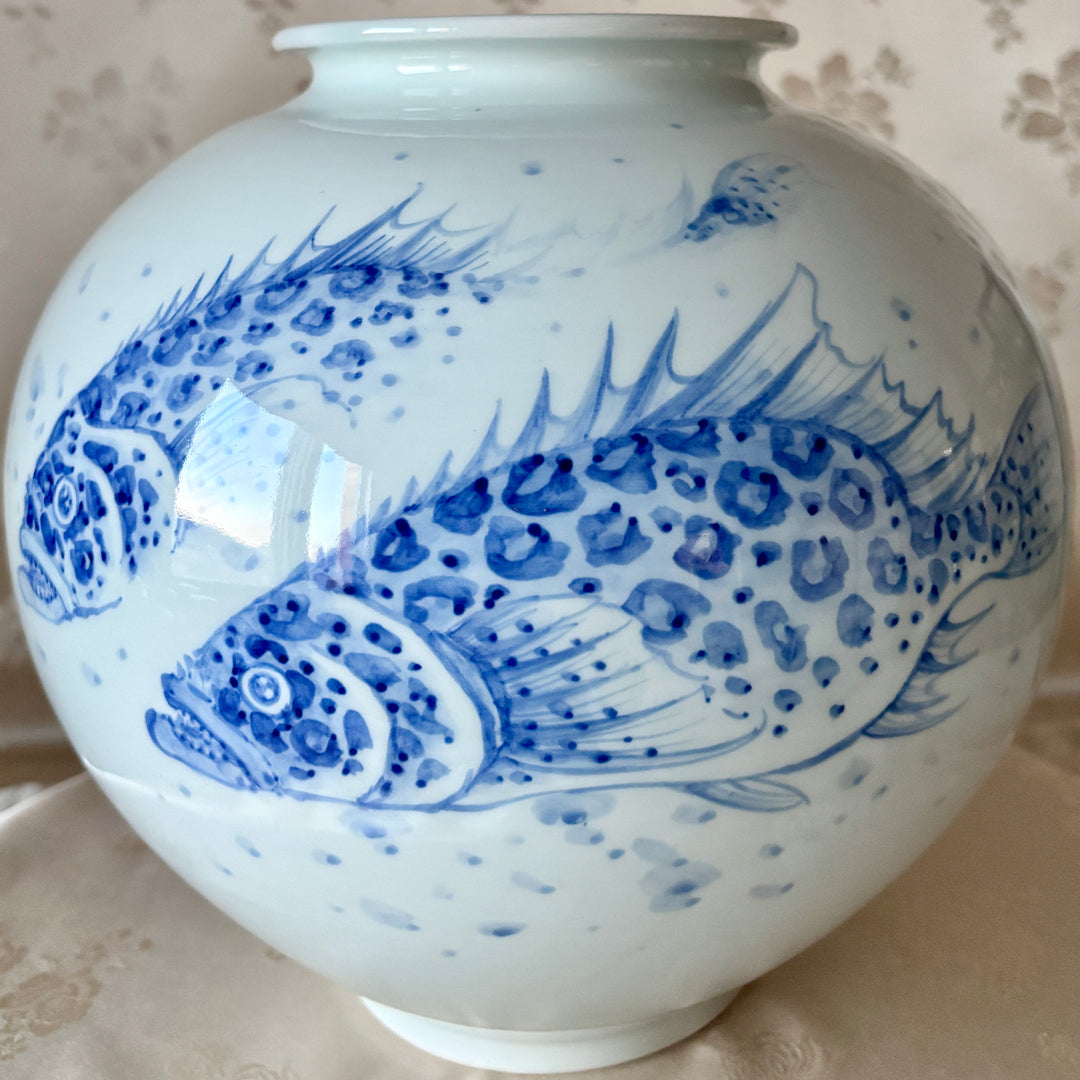 White Porcelain Vase with Cobalt Blue Underglaze Mandarin Fish Design