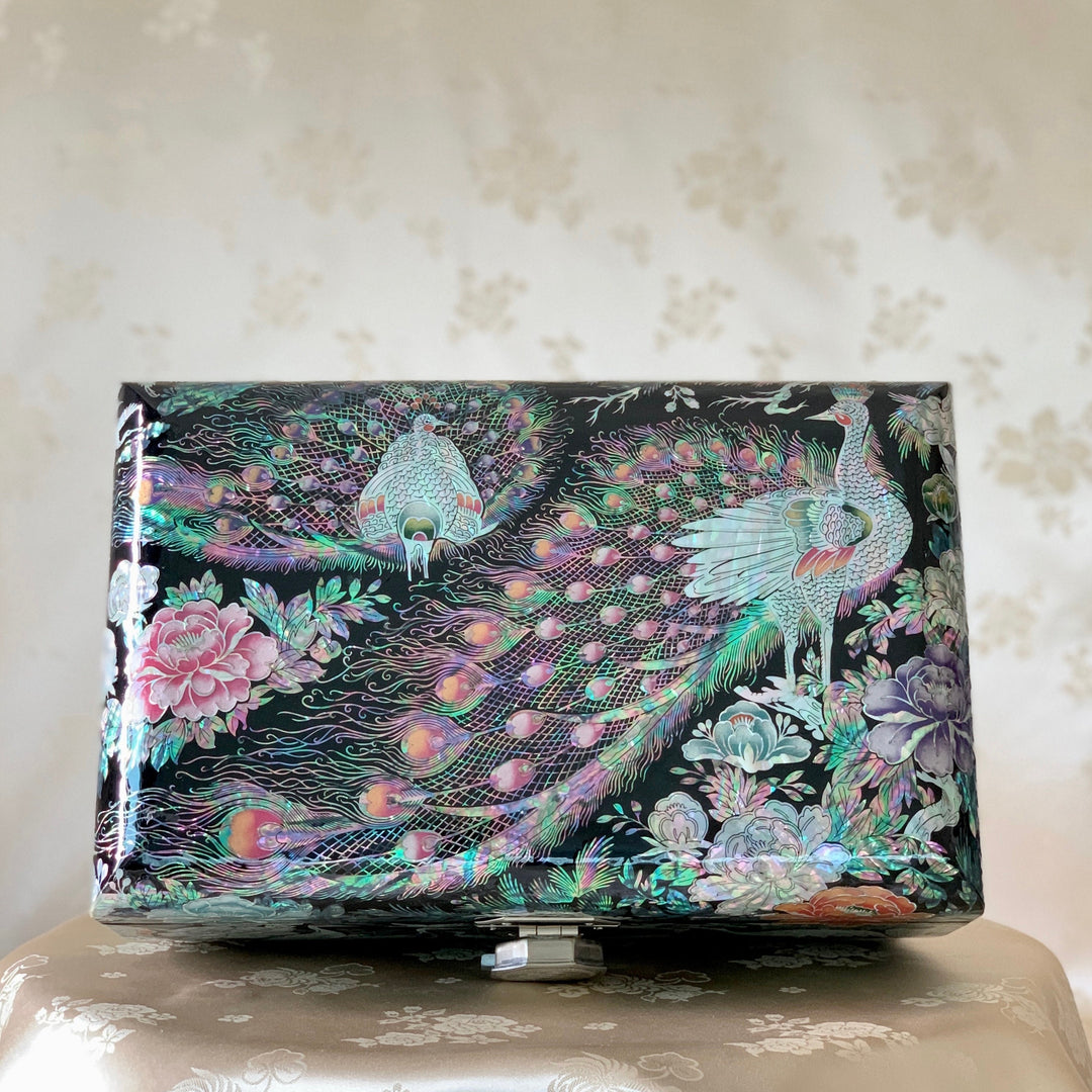 Mother of Pearl Jewelry Box with Peacock and Peony Pattern