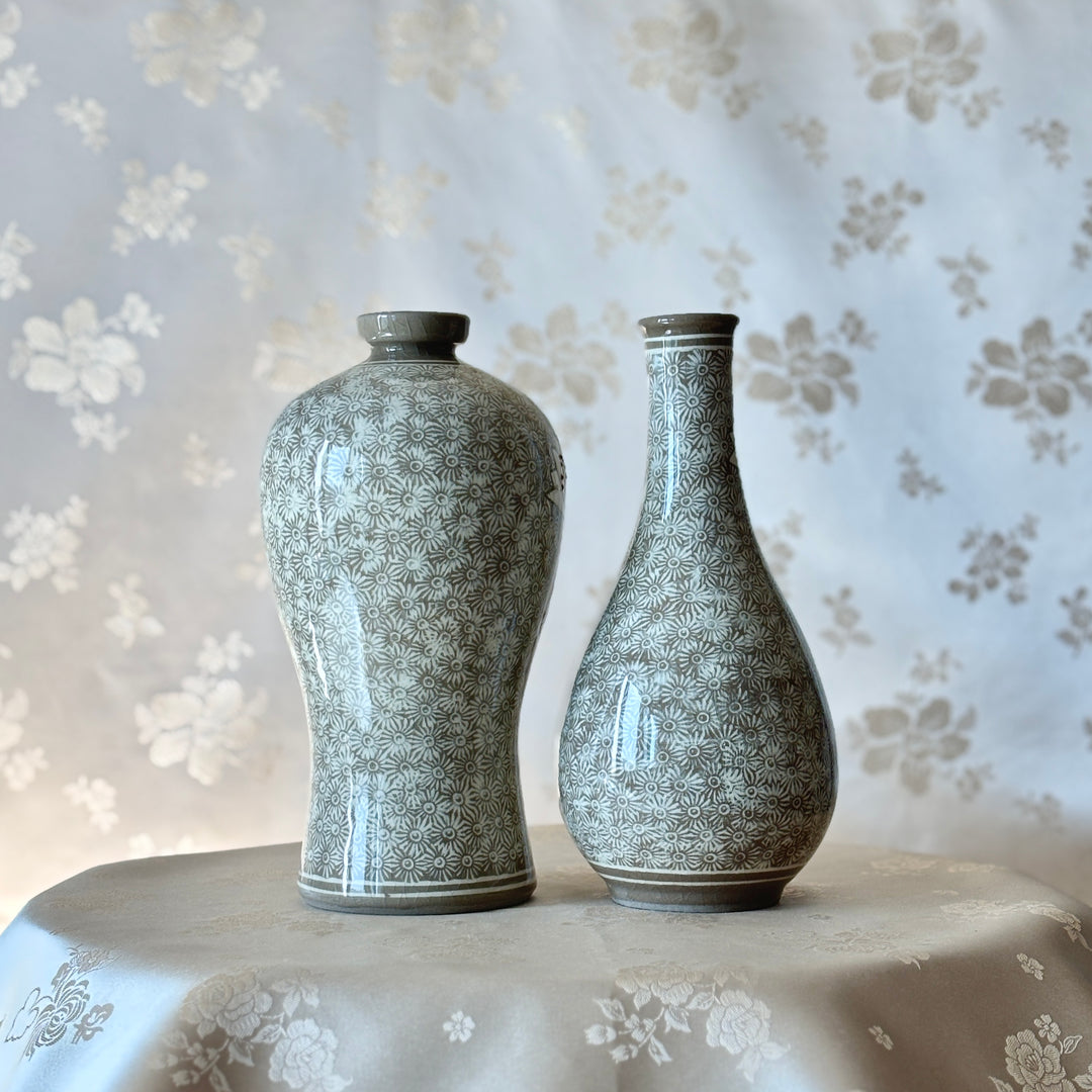 Buncheong Ware Vase Set: Lotus Flower Inlay and Chrysanthemum Stamped Designs