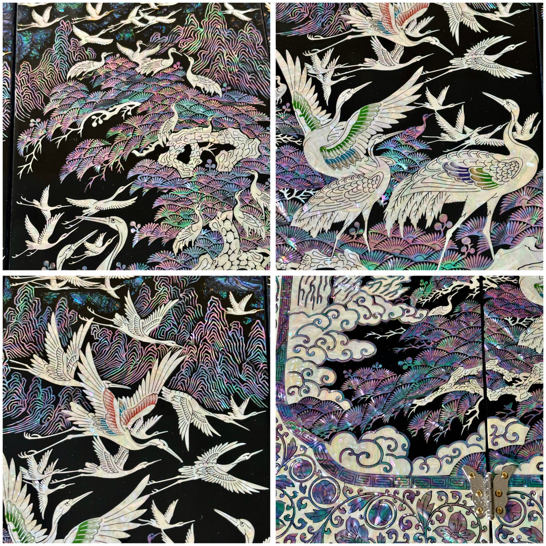 Mother of Pearl Wooden Folding Screen with One Hundred Cranes Pattern