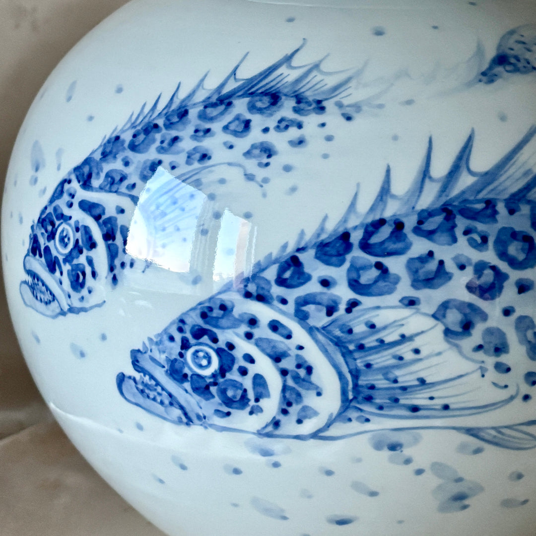 White Porcelain Vase with Cobalt Blue Underglaze Mandarin Fish Design