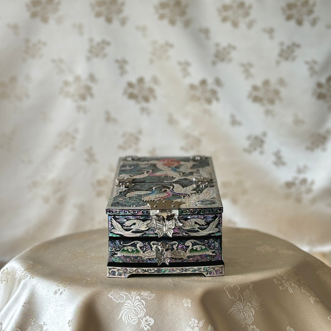 Mother of Pearl Middle Size Jewelry Box with Mirror Stand and Pattern of Longevity of Symbols