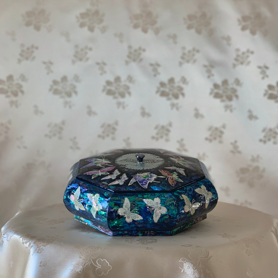 Mother of Pearl Octagon Jewelry Box with Crane and Butterfly Pattern