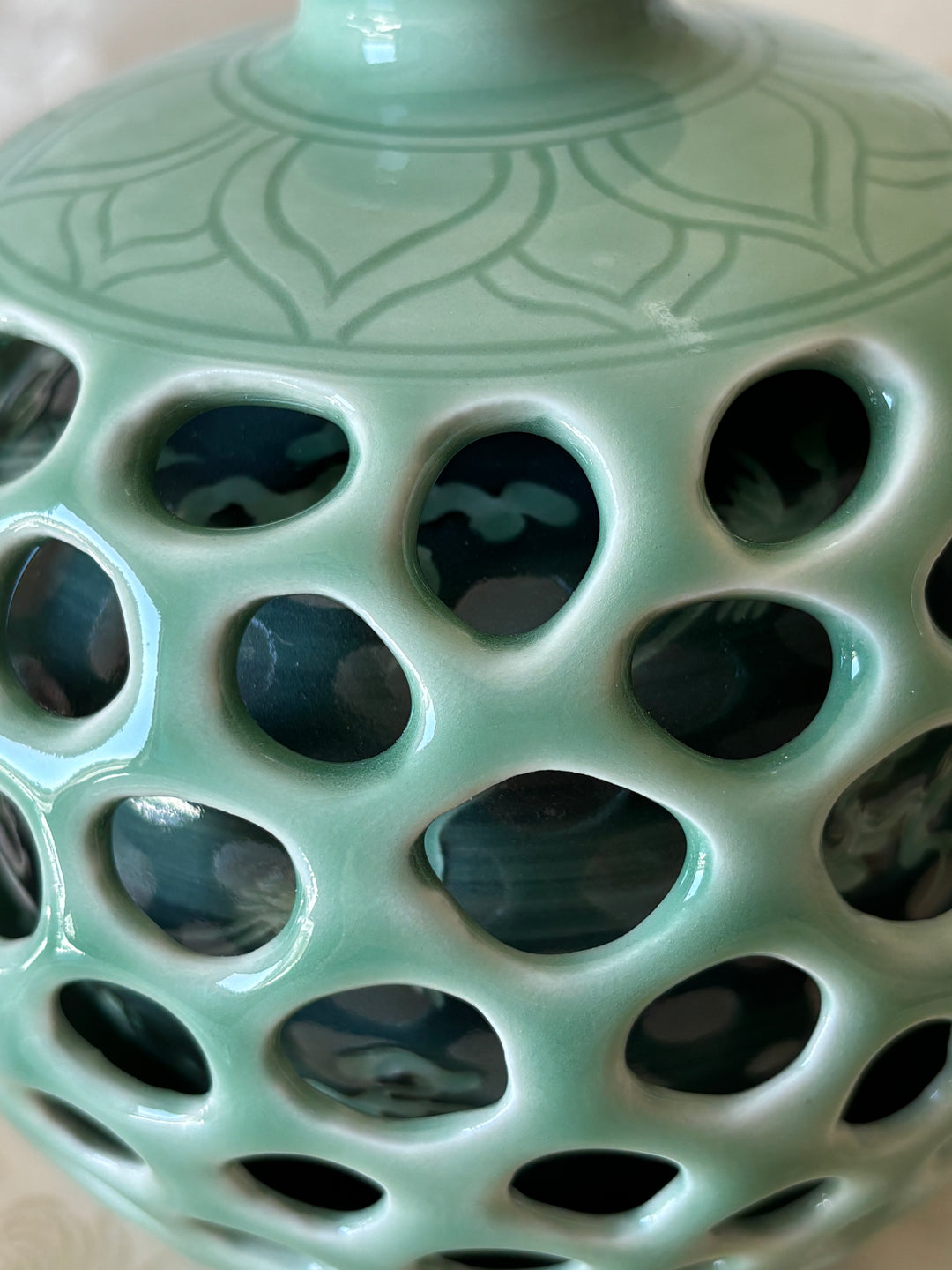 Celadon Double-Wall Openwork Vase with Intricate Carved Lotus, Crane and Cloud Design