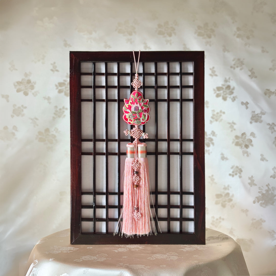 Peony Embroidered Norigae with Double Tassel and Frame