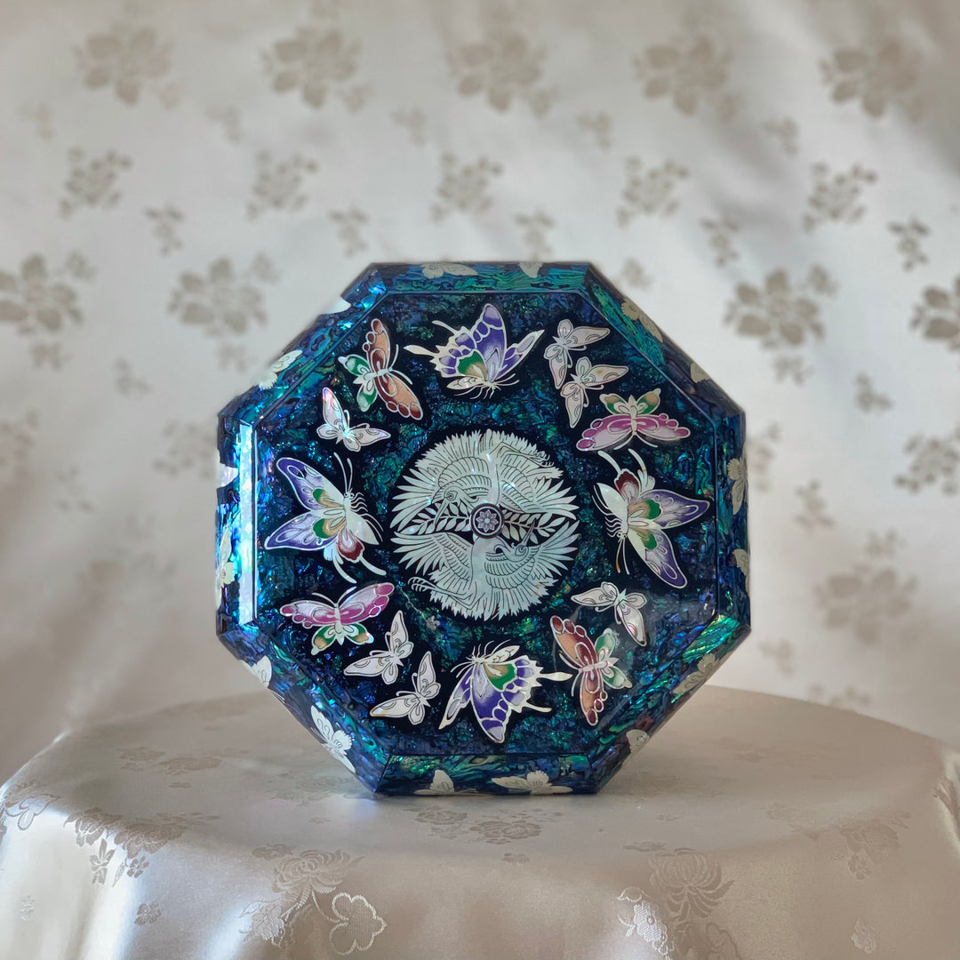 Mother of Pearl Octagon Jewelry Box with Crane and Butterfly Pattern