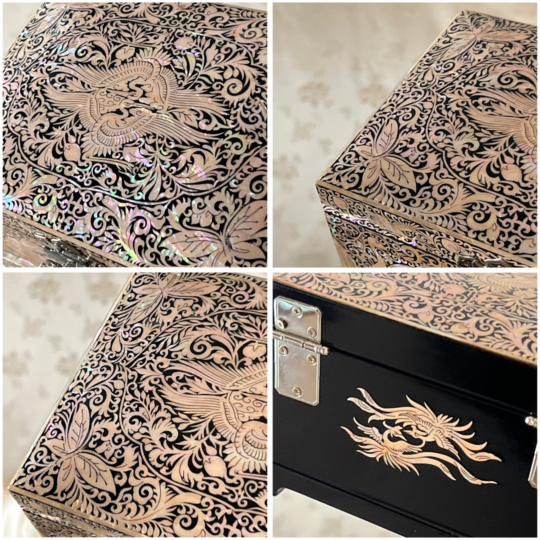 Mother of Pearl Beige Jewelry Box with Crane, Butterfly and Vine Pattern