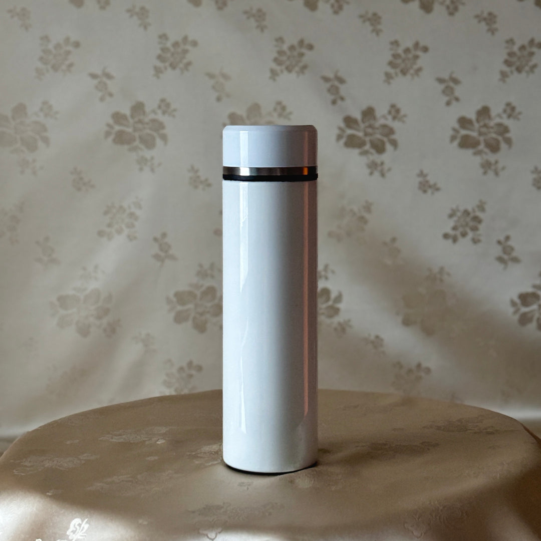 Mother of Pearl White Stainless Thermal Bottle with Pattern of Celosia Cristata and Frog