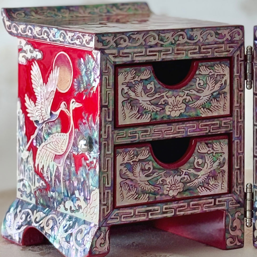 Mother of Pearl Red Jewelry Box with Pine and Crane Design