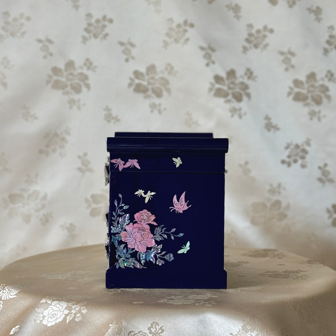 Mother of Pearl Cobalt Jewelry Box with Butterfly and Peony Pattern