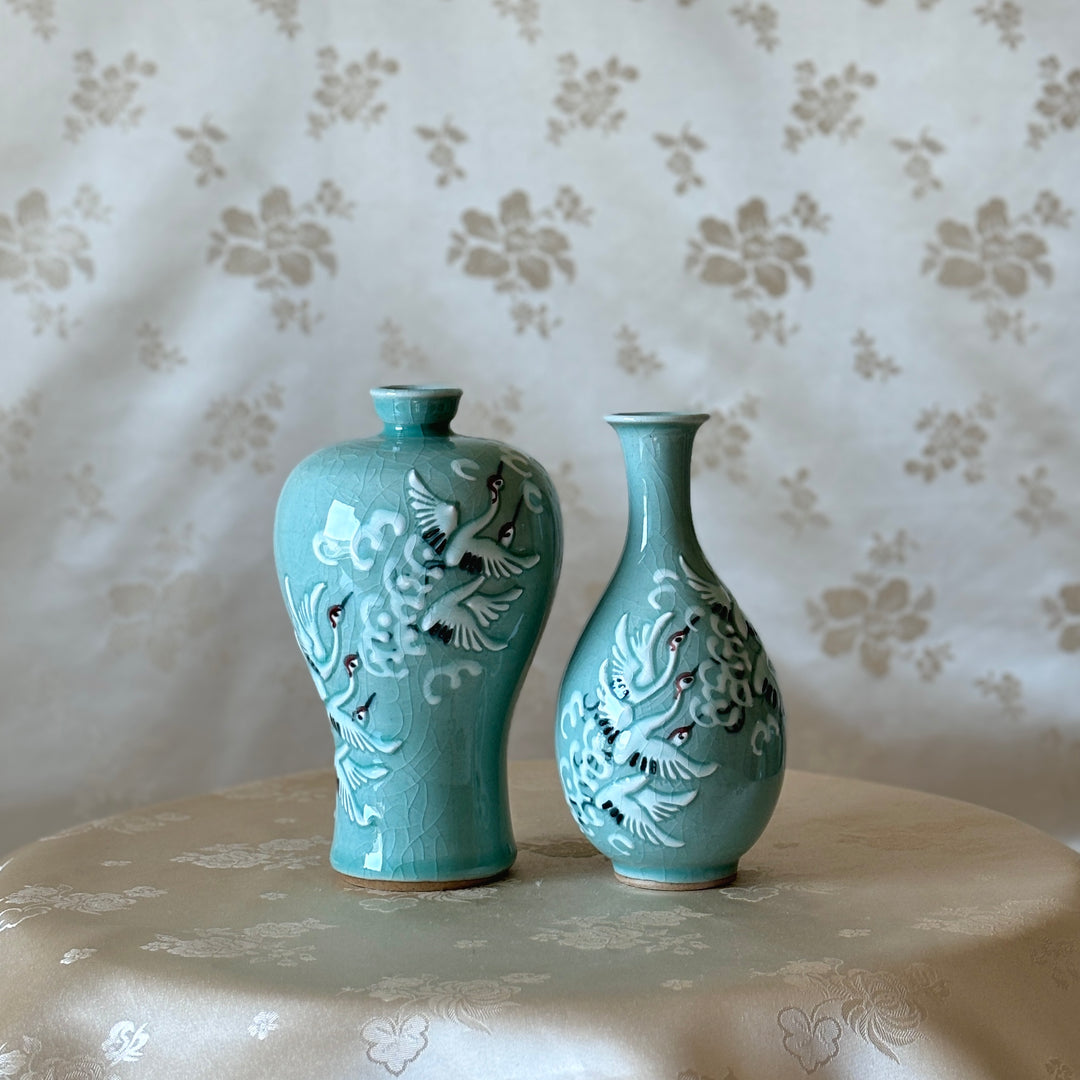 Celadon Vase Set with Embossed Flying Crane and Cloud Pattern