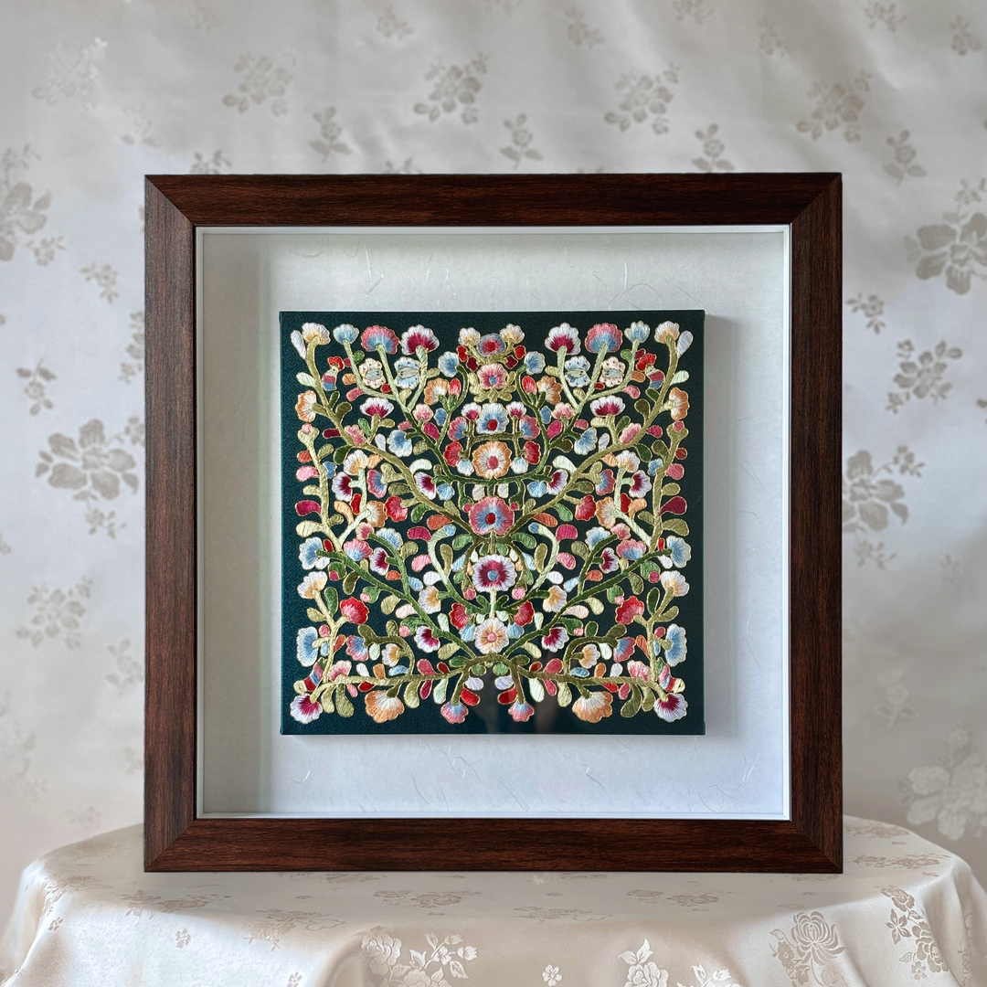 Embroidery with Peony and Vines Pattern on Dark Green Silk in Wooden Frame