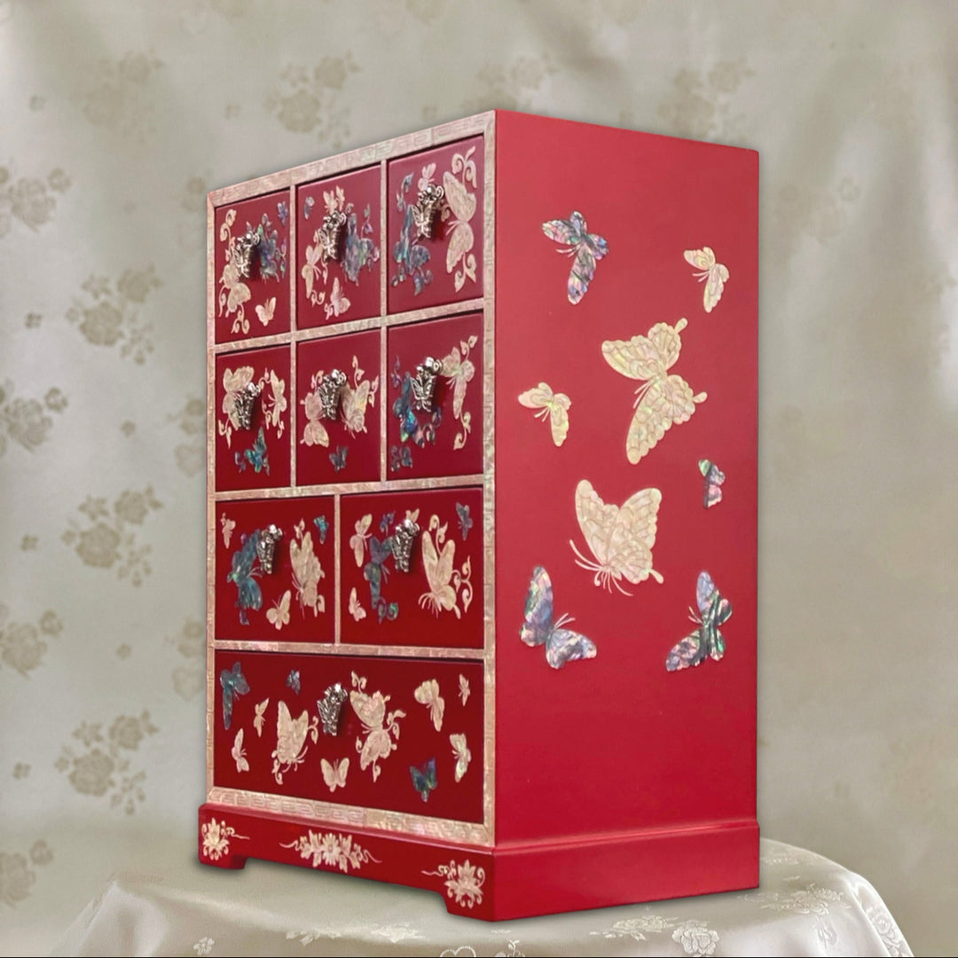 Mother of Pearl Red Cabinet with Nine Drawers and Pattern of Butterflies