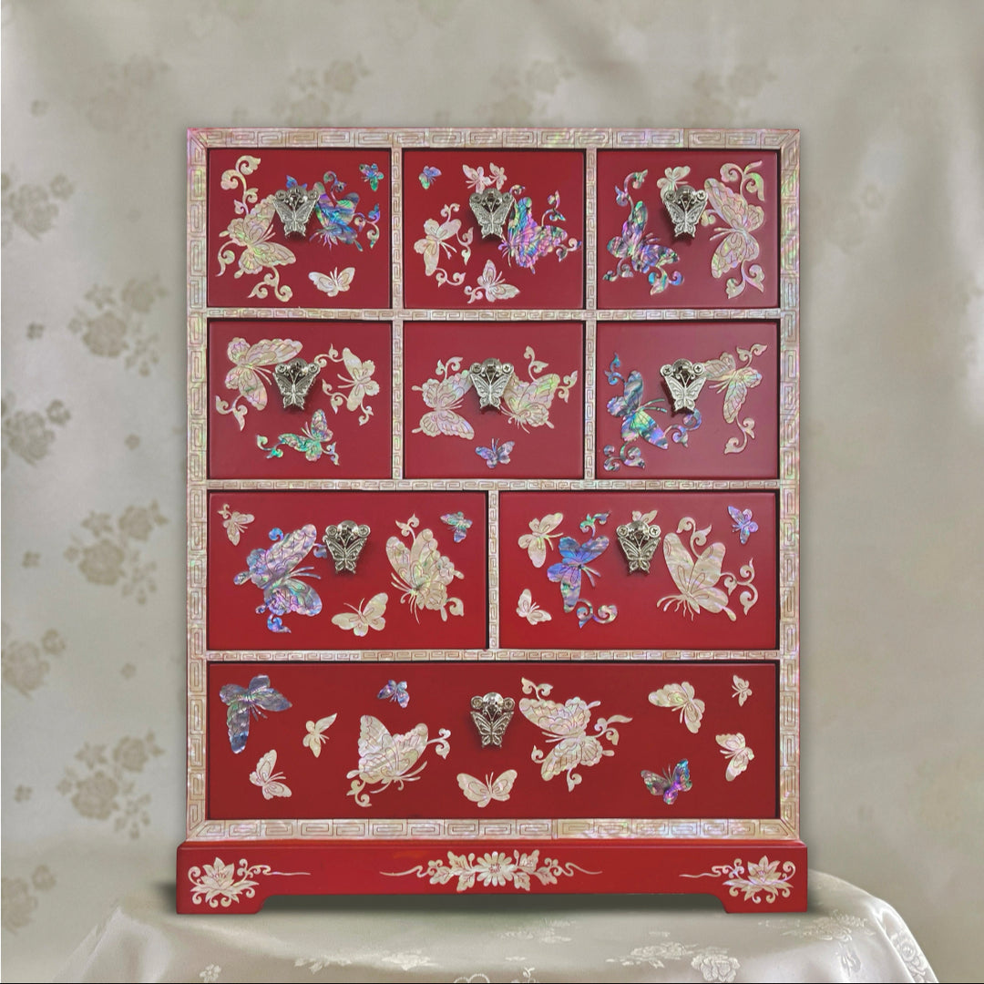 Mother of Pearl Red Cabinet with Nine Drawers and Pattern of Butterflies