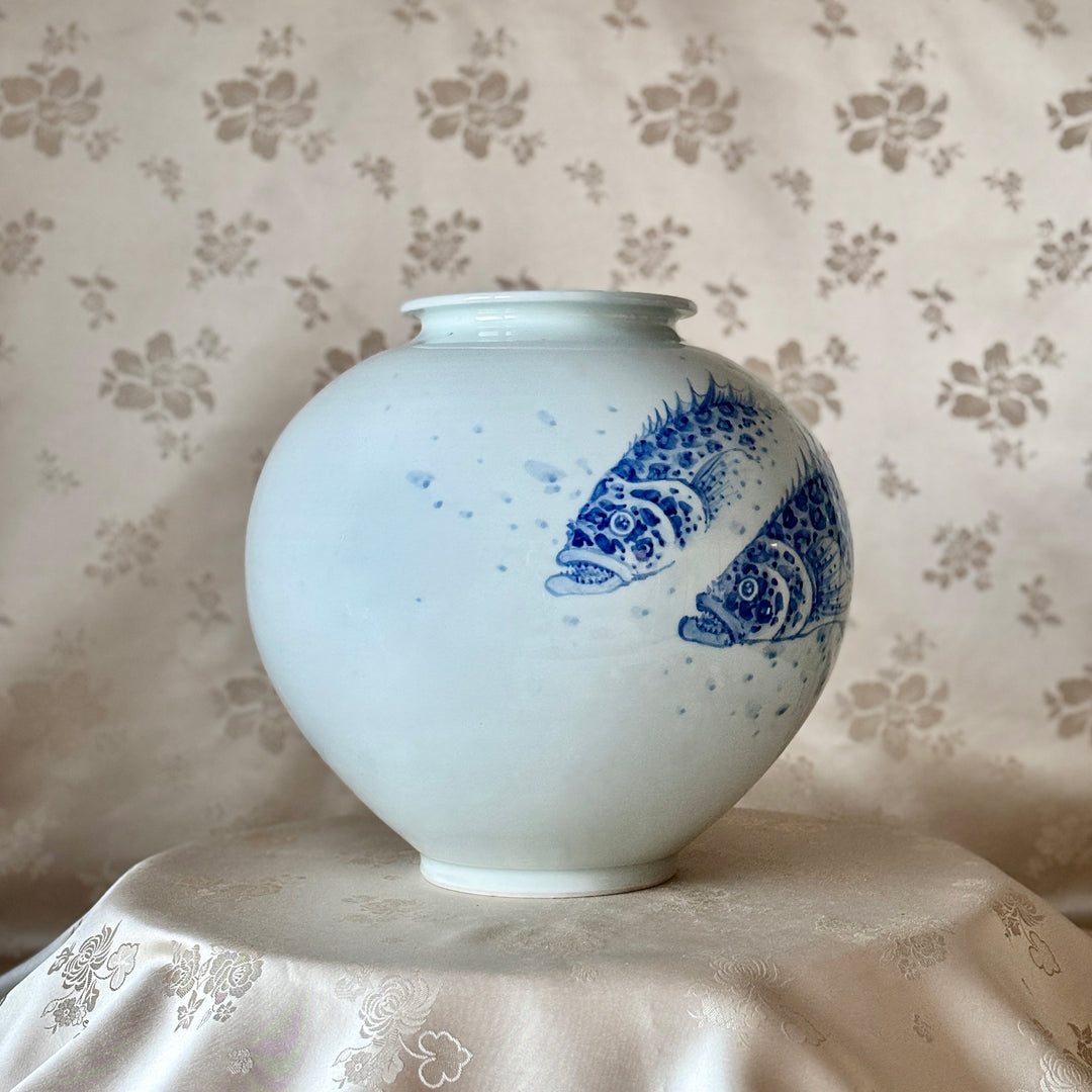 White Porcelain Vase with Cobalt Blue Underglaze Mandarin Fish Design