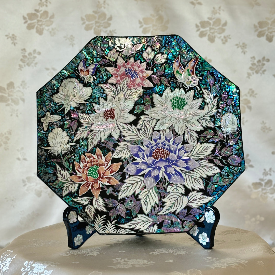 Mother of Pearl Octagon Plate with Butterfly and Peony Design