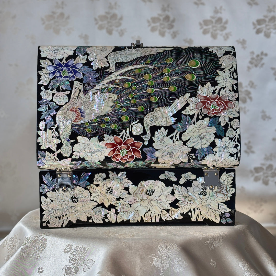 Mother of Pearl Jewelry Box with Peacock and Peony Motif