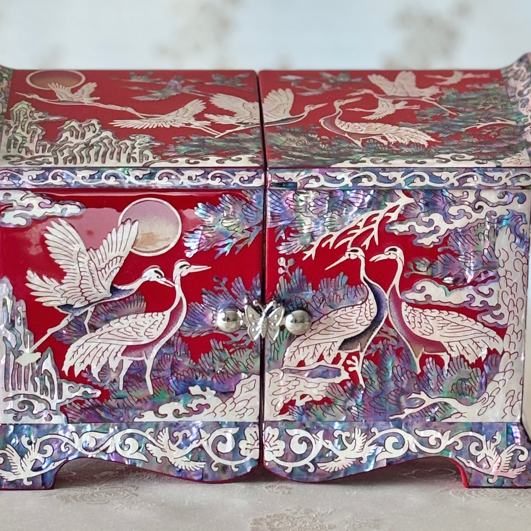 Mother of Pearl Red Jewelry Box with Pine and Crane Design