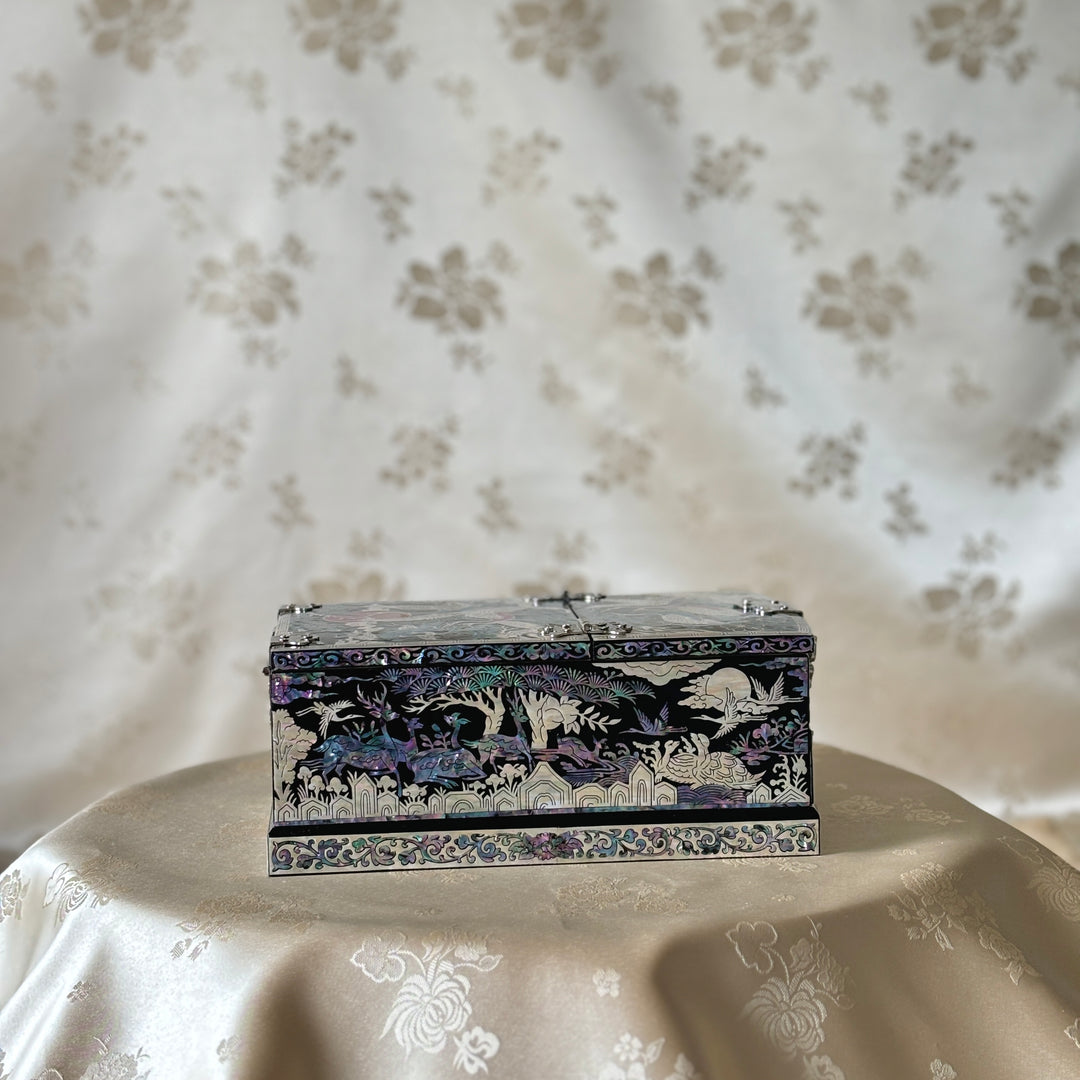 Mother of Pearl Middle Size Jewelry Box with Mirror Stand and Pattern of Longevity of Symbols