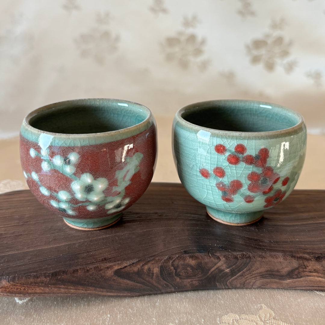 Celadon Cup Set with Distinct Color Inlays: Plum Blossom Motif