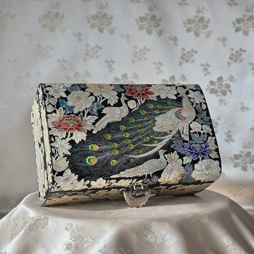 Mother of Pearl Jewelry Box with Peacock and Peony Motif