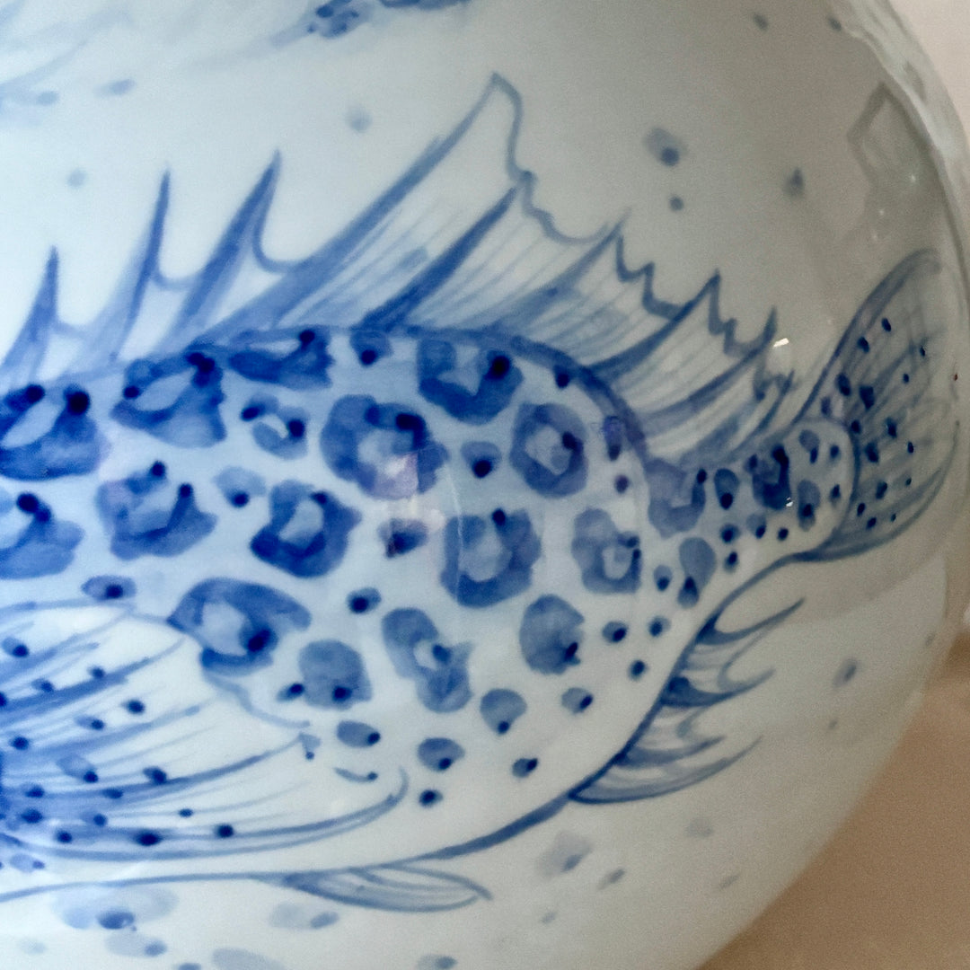 White Porcelain Vase with Cobalt Blue Underglaze Mandarin Fish Design