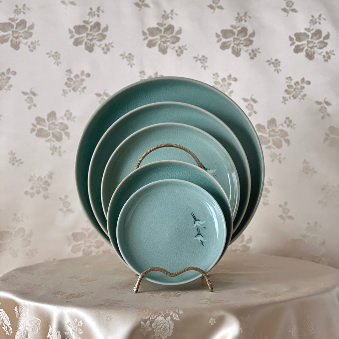 Celadon Plate Set with Inlaid Crane Motif