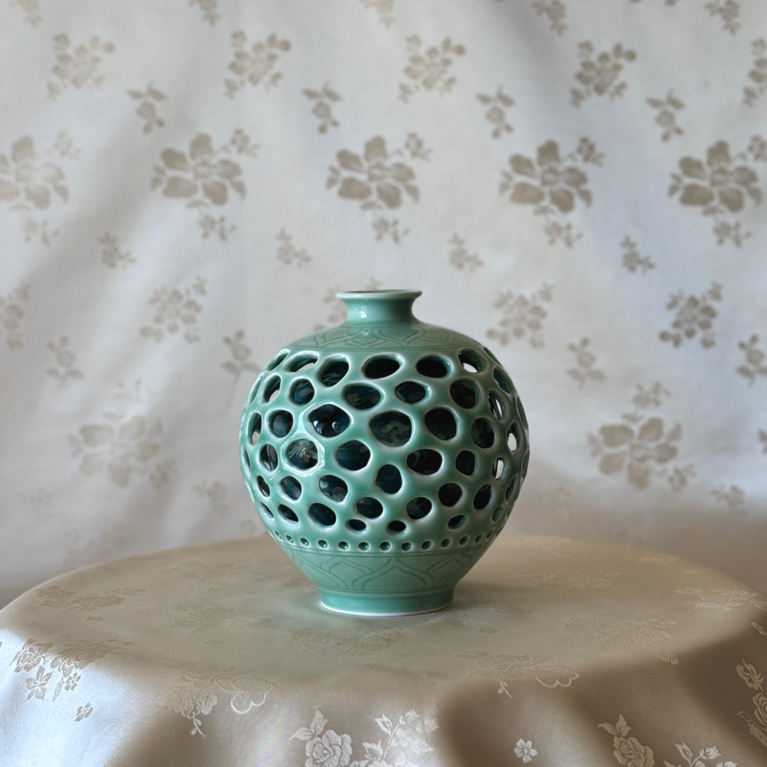 Celadon Double-Wall Openwork Vase with Intricate Carved Lotus, Crane and Cloud Design