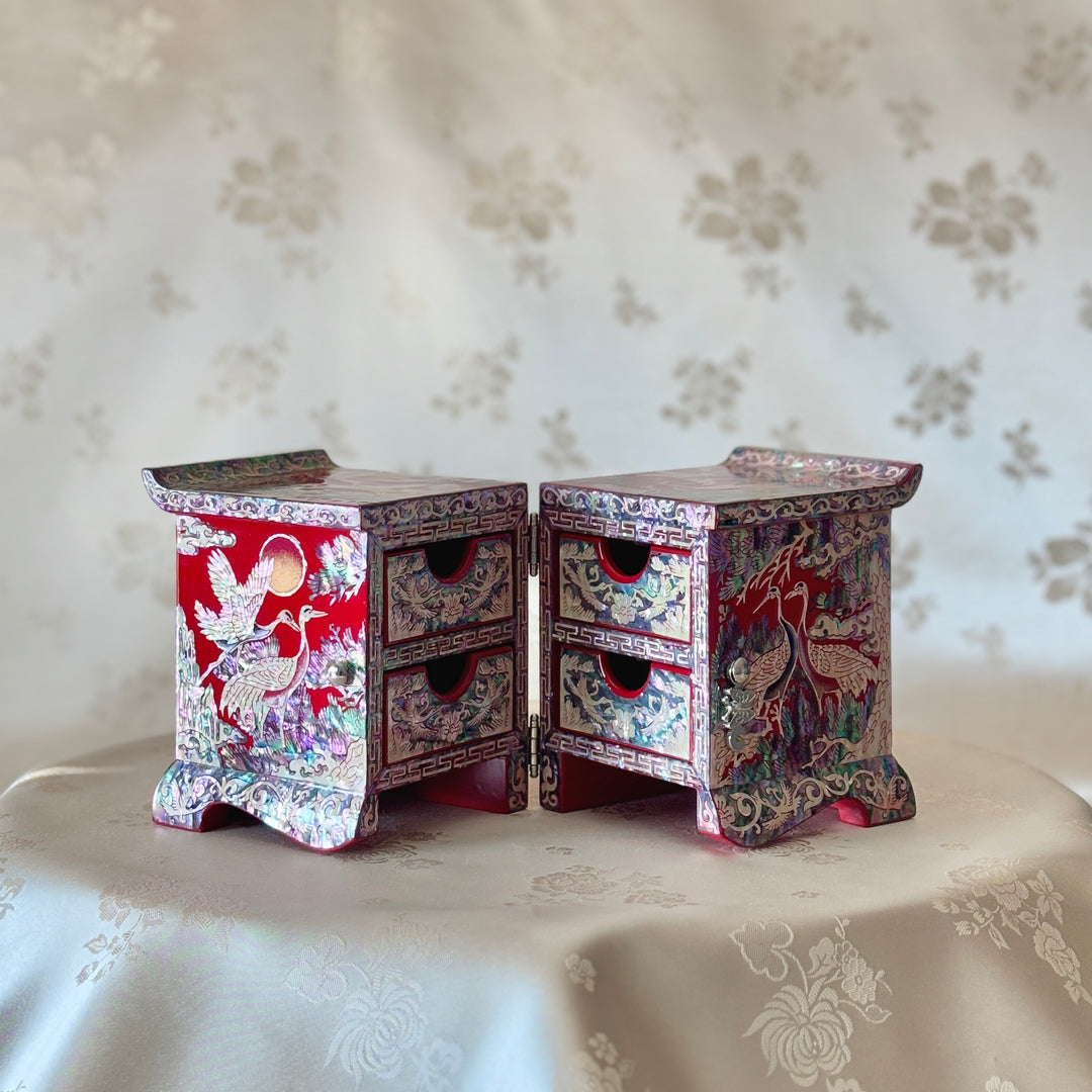 Mother of Pearl Red Jewelry Box with Pine and Crane Design