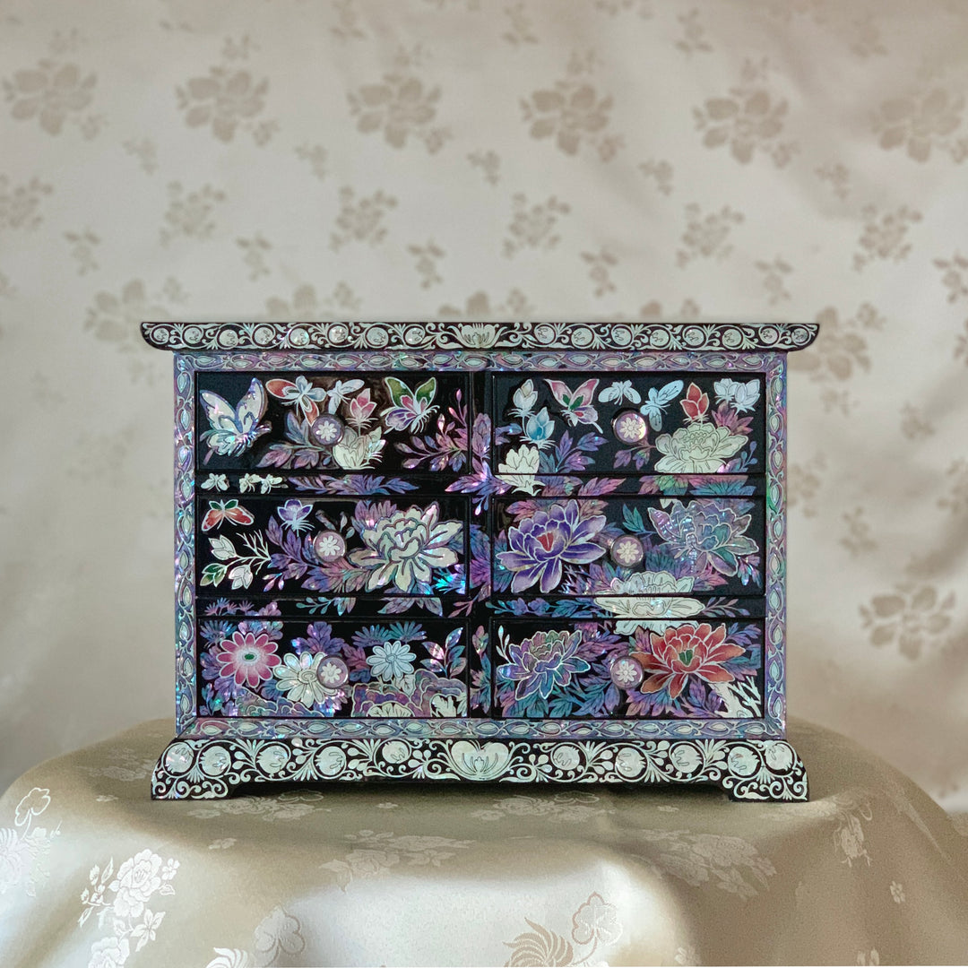 Mother of Pearl Wooden Jewelry Box with 6 Drawers and Pattern of Butterfly and Peony (자개 호접 목단문 설합 보석함)