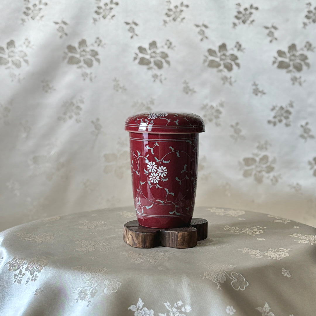 Red Celadon Mug Set: Two Long Tea Cups with Inlaid Chrysanthemum and Vine Motif