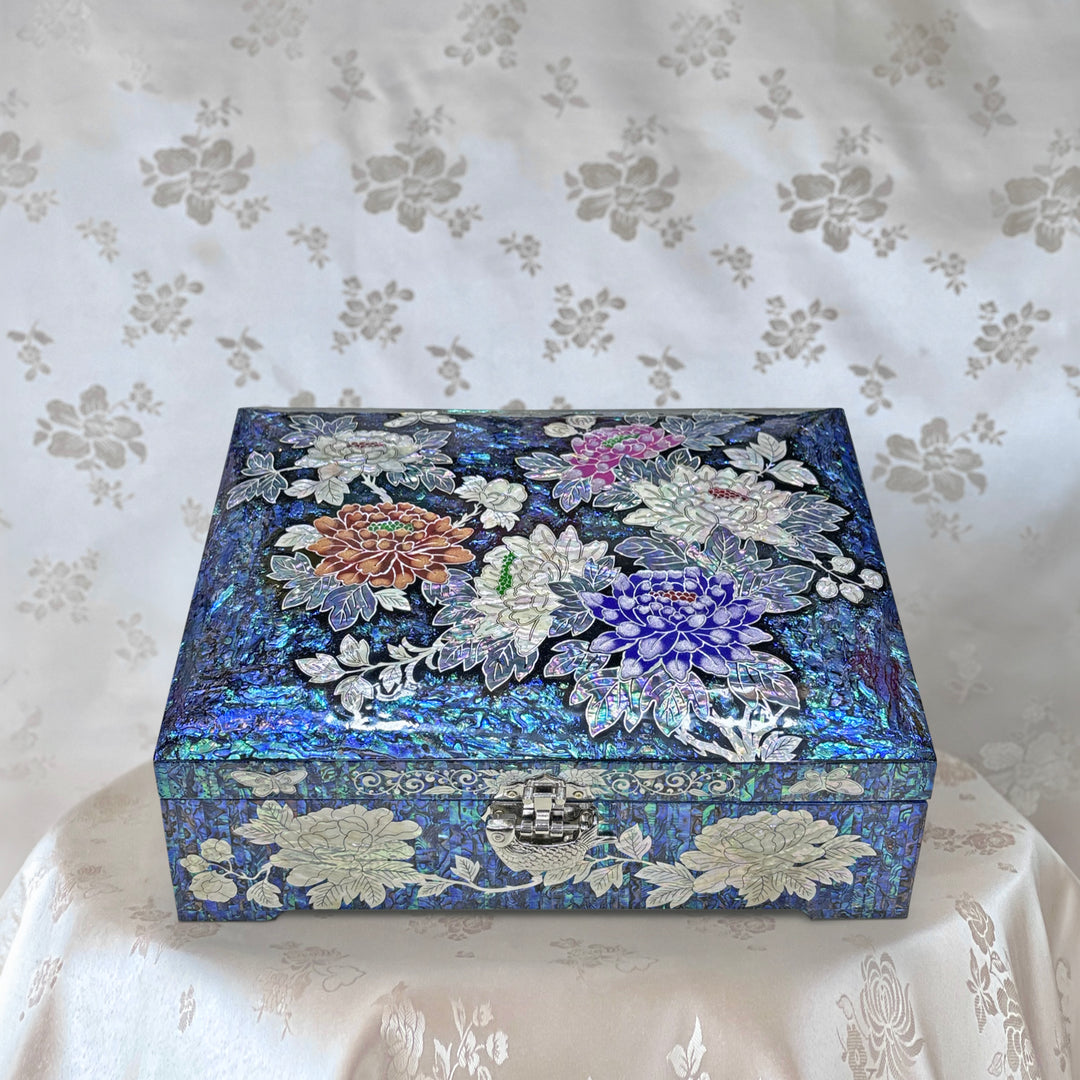 Mother of Pearl Jewelry Ring Box with Peony and Butterfly Pattern