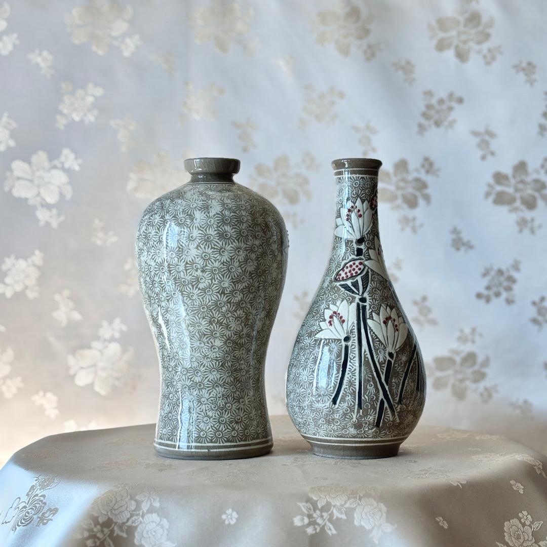 Buncheong Ware Vase Set: Lotus Flower Inlay and Chrysanthemum Stamped Designs