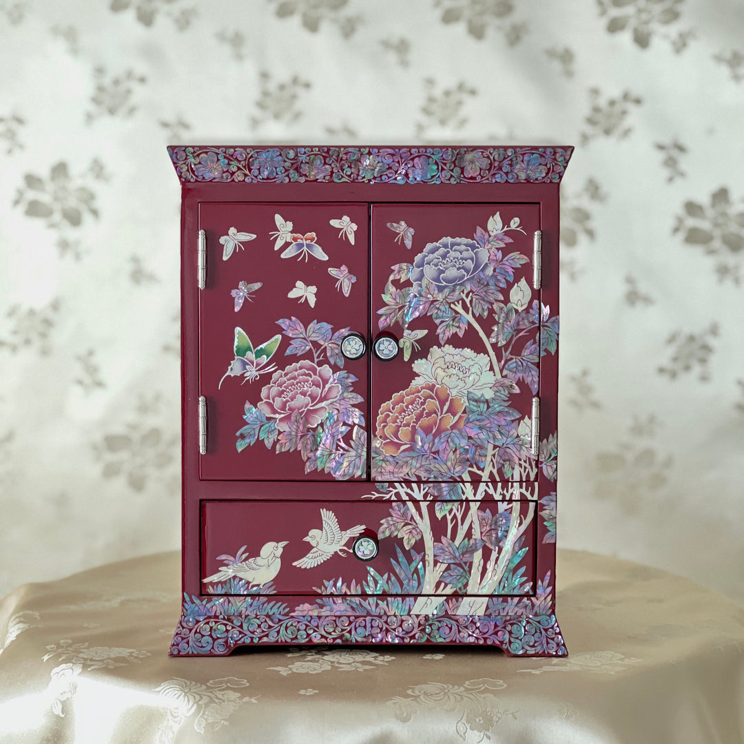 Mother of Pearl Double-Door Wine Jewelry Box with Peony, Butterfly, and Bird Motif