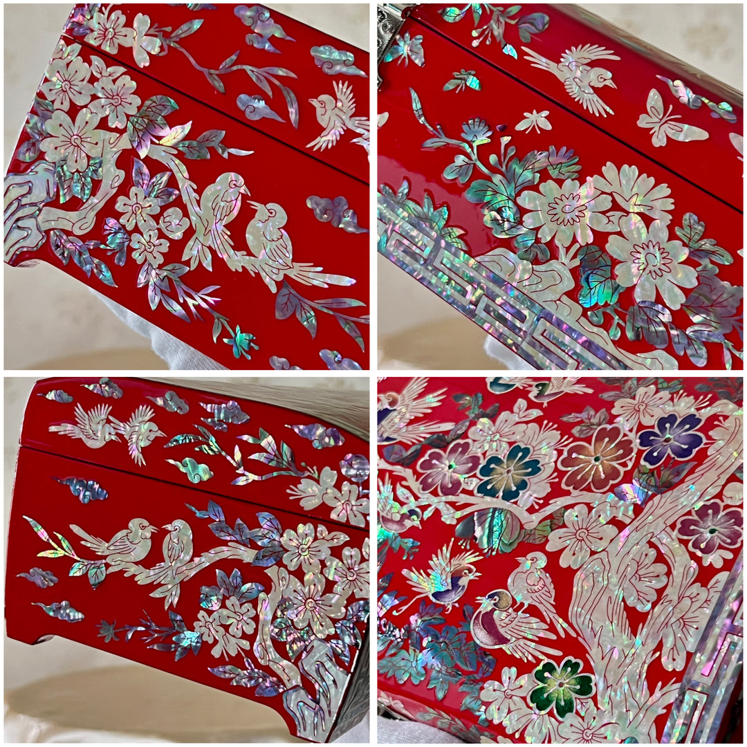 梅の花と鳥の模様が描かれたマザーオブパールの赤いジュエリーボックス (자개 매조문 보석함)